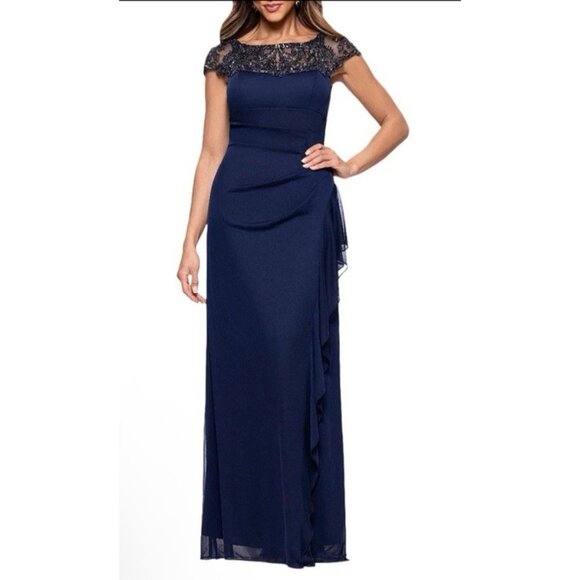 Xscape Dress Blue 16P Long Beaded Ruffle Wedding Cruise Formal Mother of Bride - Picture 1 of 16